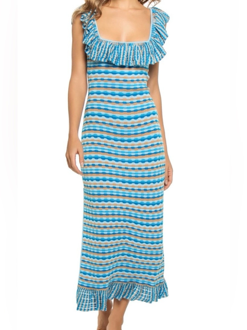 BRAND NEW WITH TAGS - Tuckernuck Kivari Ruffled Midi Dress in Blue Stripe